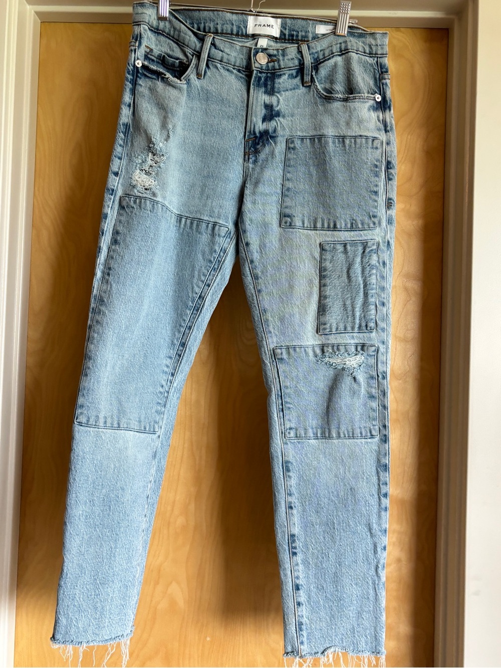FRAME Le Garcon Jeans 27 Light Wash Distressed Patchwork Raw Hem